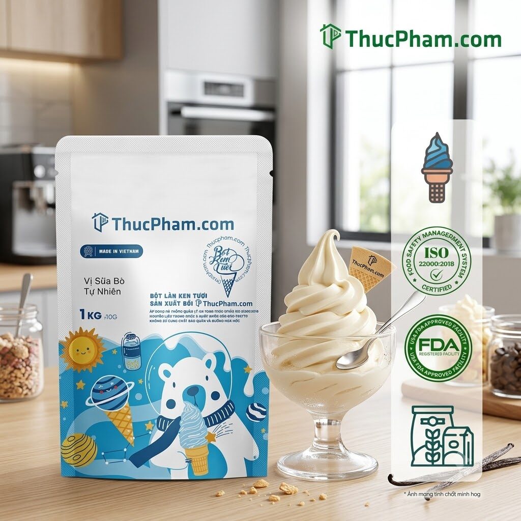 10 tiêu chí đánh giá bột làm kem chất lượng trước khi mua (Cập nhật 2026) 4 Bột làm kem ThucPham.com 1kg đặt cạnh ly kem tươi mềm mịn thành phẩm