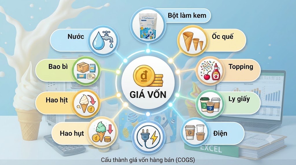 Cách tính giá vốn khi sử dụng bột làm kem để tối ưu lợi nhuận kinh doanh 2026 5 Cấu thành giá vốn khi sử dụng bột làm kem gồm bột làm kem, ốc quế, topping, ly giấy, điện, bao bì và hao hụt nguyên liệu.
