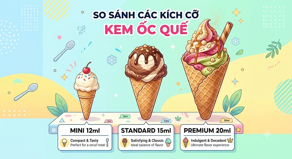 1kg bột làm kem làm được bao nhiêu chiếc ốc quế? Cách tính chuẩn 2026 6 So sánh kích thước kem ốc quế mini, tiêu chuẩn và cỡ lớn