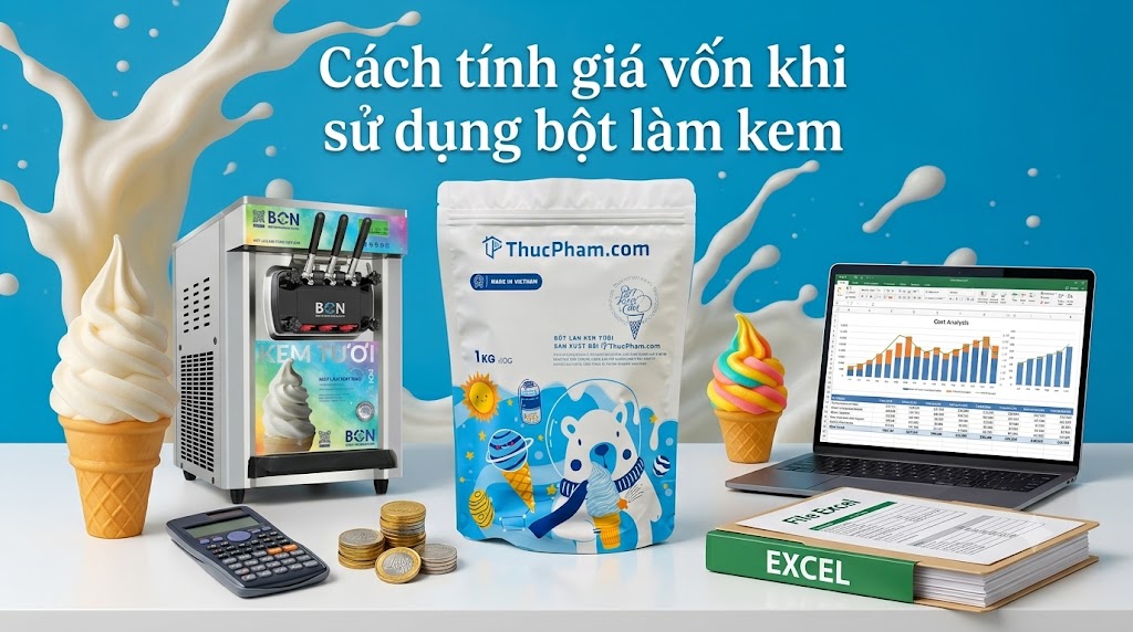 Cách tính giá vốn khi sử dụng bột làm kem để tối ưu lợi nhuận kinh doanh 2026 4 Bảng tính giá vốn kem tươi và túi bột làm kem ThucPham.com trên nền xanh