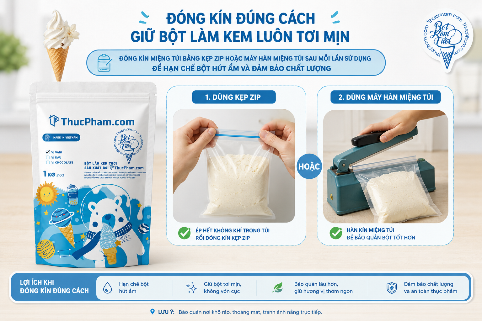 Cách Bảo Quản Bột Làm Kem Sau Khi Mở Bao Đúng Cách: 5 Ngày Vàng Giữ Chất Lượng 7 dong kin bot lam kem