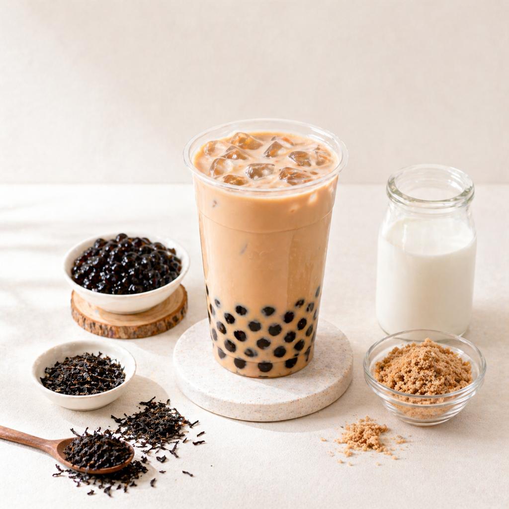 Bột Trà Sữa Có Cần Thêm Đường Không? 5 Cách Điều Chỉnh Độ Ngọt Chuẩn 4 Nguyên liệu và dụng cụ pha trà sữa từ bột trà sữa gồm bột trà sữa, trà đen, sữa tươi, đường nâu, trân châu, bình lắc và ly trà sữa thành phẩm.