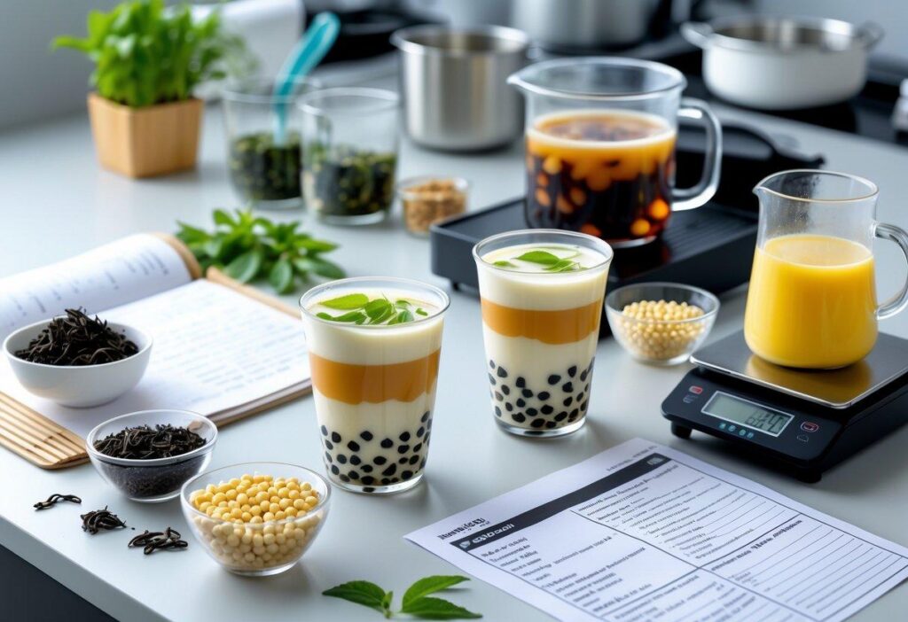 Bột Trà Sữa Có Cần Thêm Đường Không? 5 Cách Điều Chỉnh Độ Ngọt Chuẩn 3 Công thức pha trà sữa từ bột trà sữa với trà đen, sữa, trân châu đen, cân điện tử và nguyên liệu pha chế chuẩn.