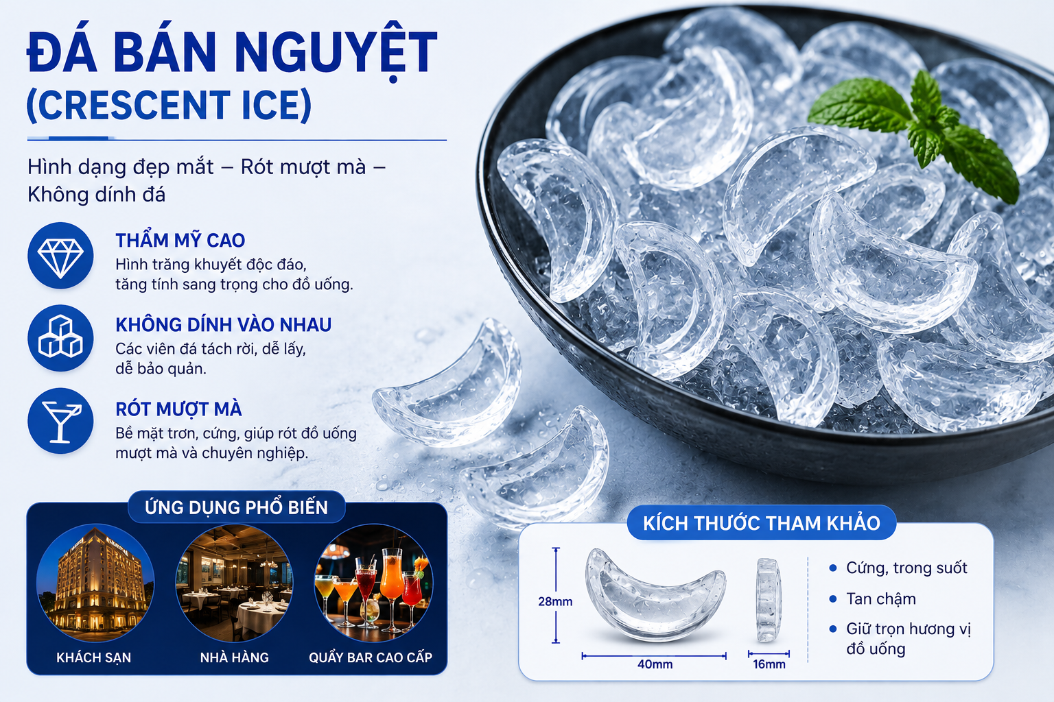 Máy Làm Nước Đá Là Gì? 6 Lý Do Nên Đầu Tư Máy Làm Đá 9 Đá bán nguyệt (Crescent Ice) từ máy làm đá viên Hải Âu, viên đá trong suốt, không dễ dính vào nhau, phù hợp cho khách sạn, nhà hàng và quầy bar cao cấp.