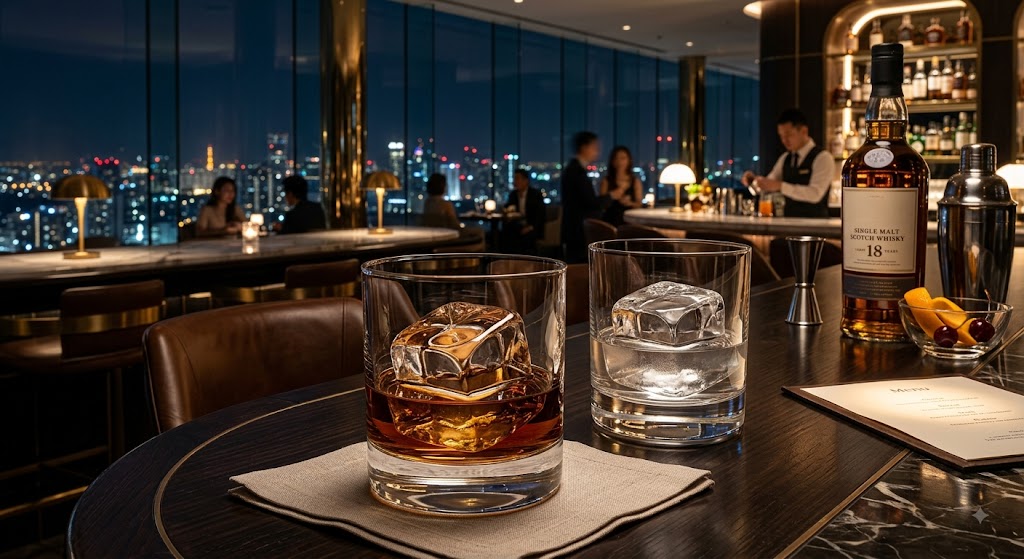 Giải Pháp Máy Làm Đá Viên Cho Nhà Hàng, Khách Sạn (Chuẩn 2026) 6 Ly rượu whisky chứa viên đá khối vuông tinh khiết đặt trên quầy bar rooftop view thành phố về đêm