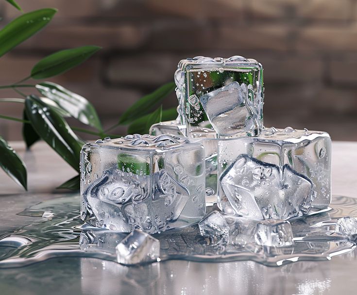 Giải Pháp Máy Làm Đá Viên Cho Nhà Hàng, Khách Sạn (Chuẩn 2026) 5 Các viên đá vuông tinh khiết trong suốt xếp chồng trên mặt bàn đọng nước, giải pháp làm lạnh cho nhà hàng và buffet
