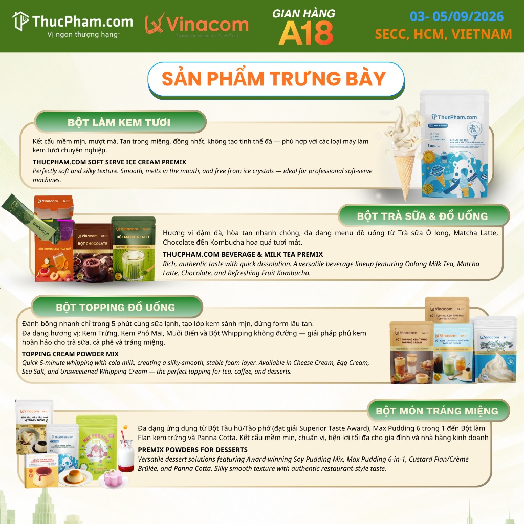 Vinacom/ThucPham.com tham gia Vietnam International Sourcing 2026 – Hẹn gặp tại Booth A1 12 Danh mục sản phẩm trưng bày gian hàng A18 ThucPham.com và Vinacom tại Vietnam International Sourcing Expo 2026