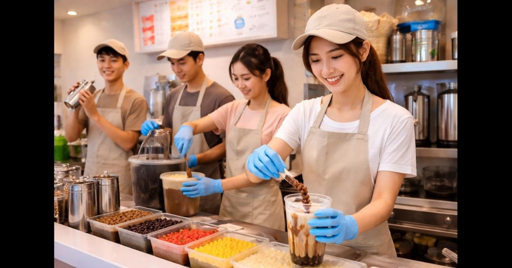 Giải pháp mở quán trà sữa chuyên nghiệp | ThucPham.com 5 Giải pháp mở quán trà sữa toàn diện - Đội ngũ nhân viên pha chế thao tác tại quầy bar chuyên nghiệp
