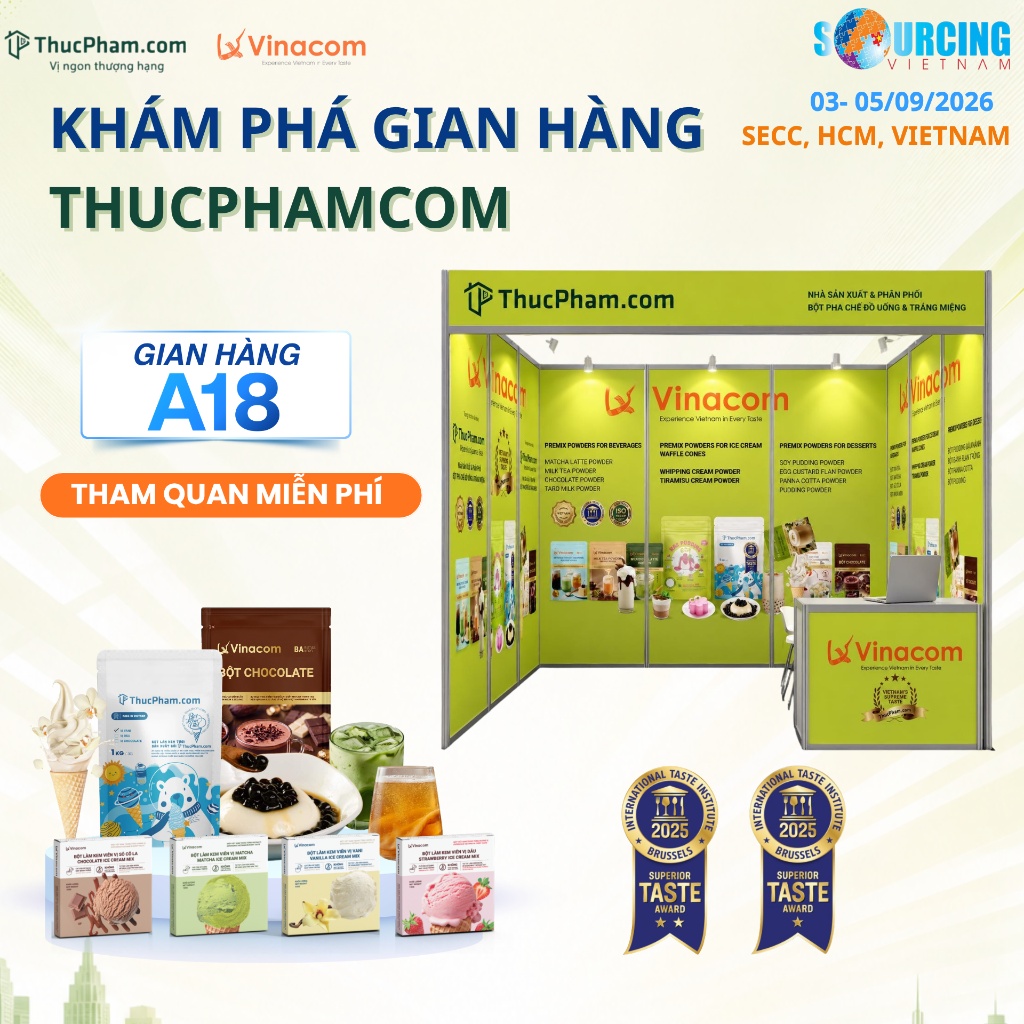 Vinacom/ThucPham.com tham gia Vietnam International Sourcing 2026 – Hẹn gặp tại Booth A1 13 Khám phá gian hàng A18 ThucPham.com và Vinacom tham quan miễn phí tại triển lãm Vietnam Sourcing Expo 2026