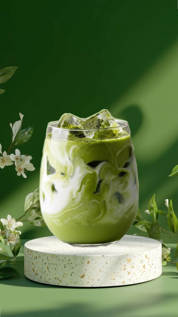 15 Món Đồ Uống Và Món Tráng Miệng Từ Bột Matcha Latte 7 Ly matcha đá phân tầng sữa tươi mát lạnh rắc bột matcha nguyên chất trang trí cùng hoa nhài thanh lịch