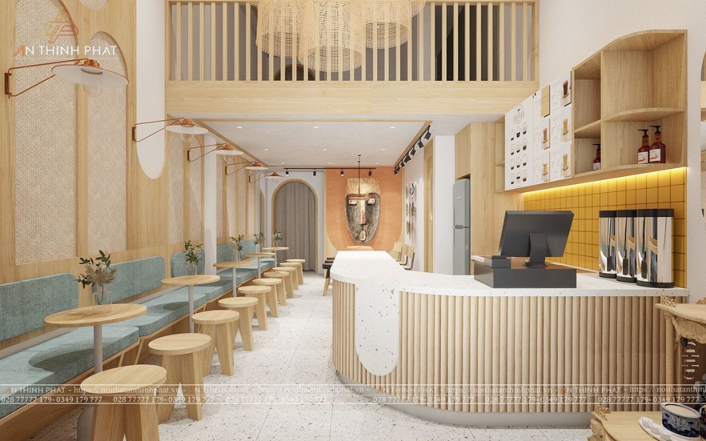 Xu Hướng Đồ Uống 2026: Những Trend F&B Quán Nên Theo Dõi 3 Không gian quán trà sữa quy mô vừa và lớn thiết kế quầy bar gỗ sang trọng kết hợp khu vực ngồi tầng lửng rộng rãi