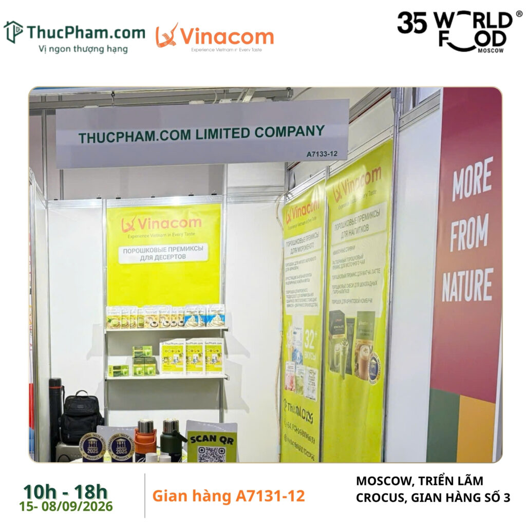 ThucPham.com tại WorldFood Moscow 2026 – Ngày khai mạc 3 Gian hàng ThucPham.com Limited Company và Vinacom tại vị trí A7131-12 triển lãm WorldFood Moscow 2026 Crocus Expo