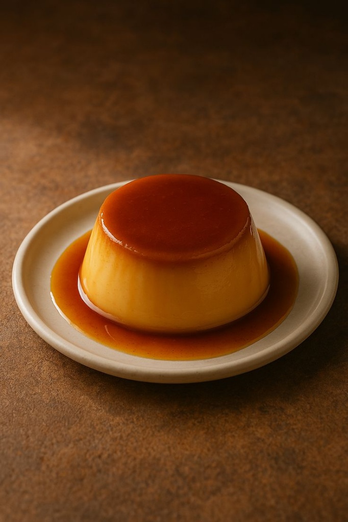 Bột Flan Caramen Làm Được Bao Nhiêu Flan? Cách Tính Định Lượng 4 Bánh flan caramel trứng sữa kiểu Nhật núng nính láng mịn đẫm sốt caramel trên đĩa sứ nền gỗ ấm