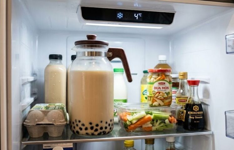 Trà Sữa Để Qua Đêm Được Không? Cách Bảo Quản Đúng 4 Bình trà sữa trân châu lớn đậy kín nắp bảo quản trong ngăn mát tủ lạnh 4 độ C cùng thực phẩm