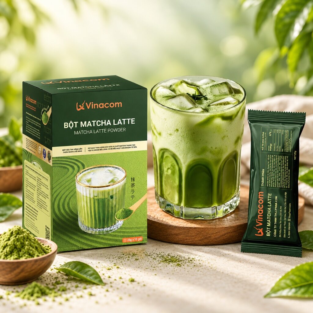 ThucPham.com Ra Mắt Bột Matcha Latte 25g – Tiện Lợi Cho Mỗi Ly Matcha 4 Hộp Bột Matcha Latte Vinacom dạng gói que 25g kèm ly matcha latte đá thơm béo đậm vị umami