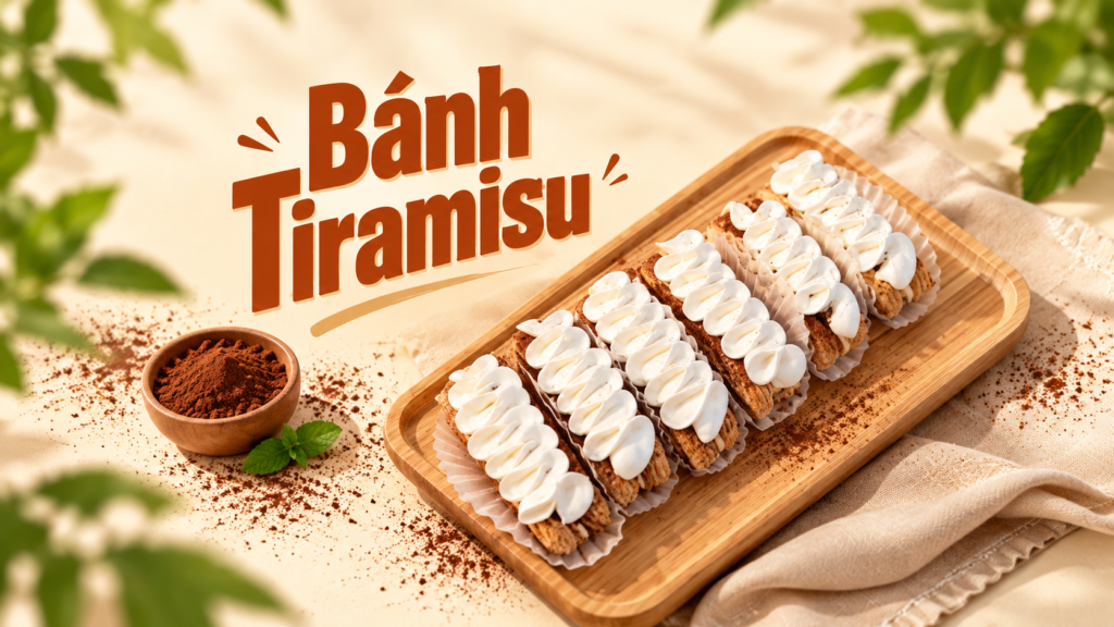 Cách Làm Kem Tiramisu Bằng Bột Whipping Vinacom Mịn, Dễ Thực Hiện 3 Khay gỗ đựng các thanh bánh Tiramisu tạo hình vân kem trắng mịn màng bên cạnh bát bột cacao và lá bạc hà