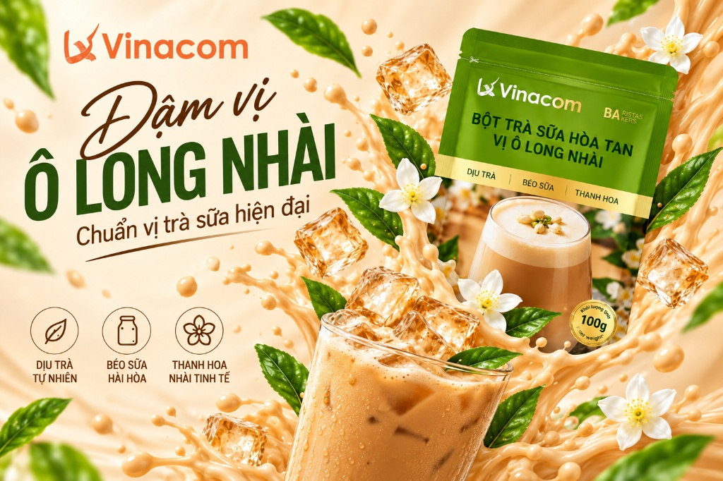 Cách Pha Bột Trà Sữa Ô Long Nhài Không Đường Sẵn, Tự Chỉnh Độ Ngọt 4 Poster Bột trà sữa hòa tan vị Ô Long Nhài Vinacom 100g sóng sánh cùng đá viên, hoa nhài trắng và ly trà sữa mát lạnh