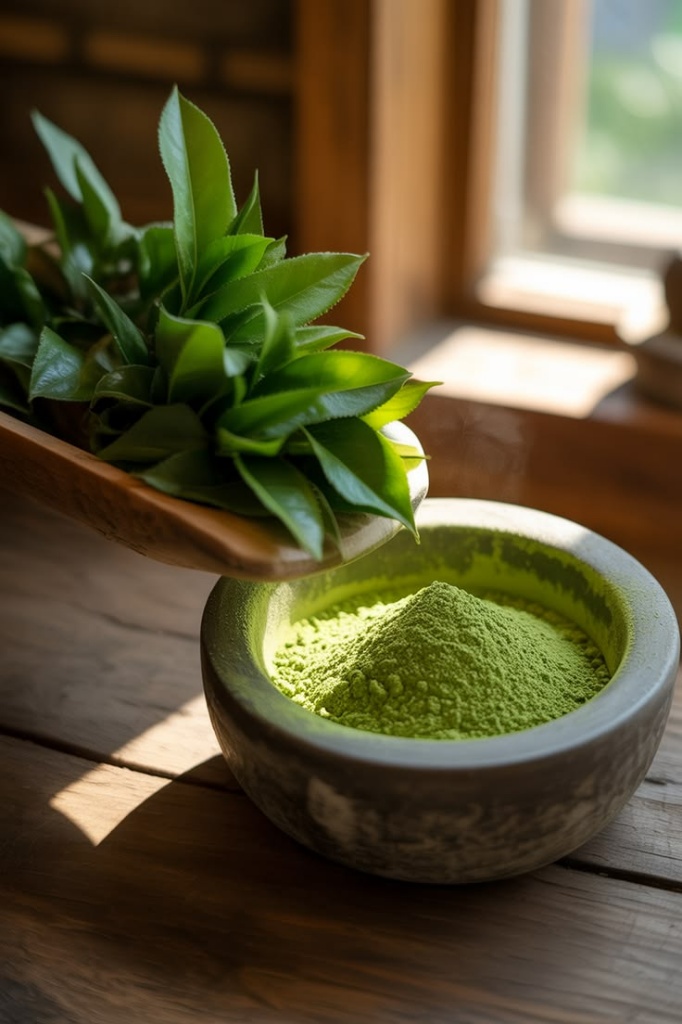 Cách Chọn Bột Matcha Latte Cho Quán: 7 Tiêu Chí Cần Kiểm Tra 5 Bát đá chứa bột matcha trà xanh nguyên chất mịn màng bên cạnh muỗng gỗ đựng búp trà xanh tươi dưới ánh nắng