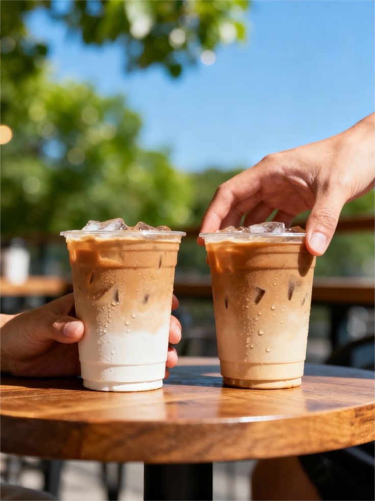 Xu Hướng Đồ Uống Vị Việt Đưa Vào Menu Hiện Đại 7 Hai ly cà phê sữa đá phân tầng trong ly nhựa mang đi đặt trên bàn gỗ ngoài trời dưới ánh nắng