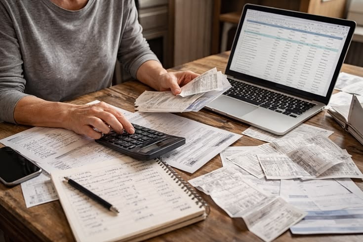 Cách Tính Food Cost Chính Xác Cho Từng Món Trong Quán 7 Bàn làm việc với laptop mở bảng tính chi phí, hóa đơn, sổ tay và máy tính cầm tay minh họa cách tính Food Cost cho công thức nhiều phần
