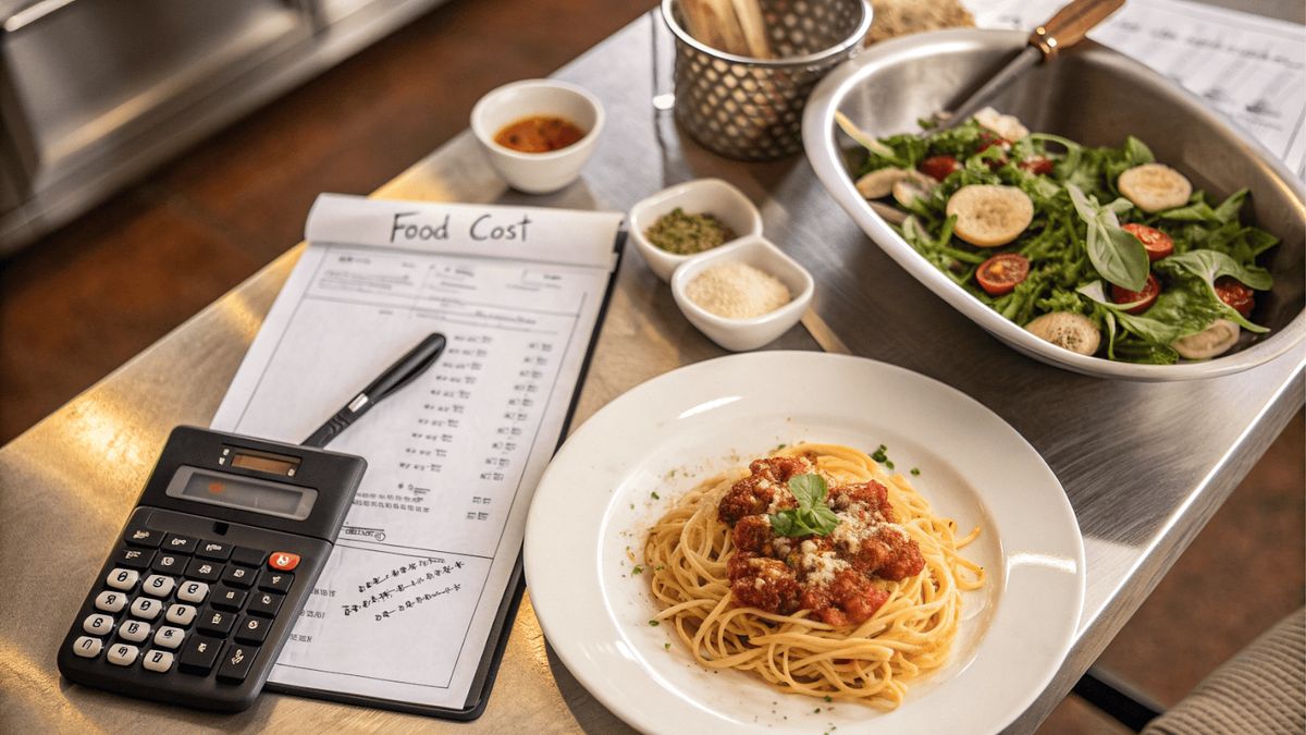 Cách Tính Food Cost Chính Xác Cho Từng Món Trong Quán 6 Đồ họa hướng dẫn cách tính Food Cost với nguyên liệu nhà bếp và biểu đồ cột tỷ lệ phần trăm chi phí