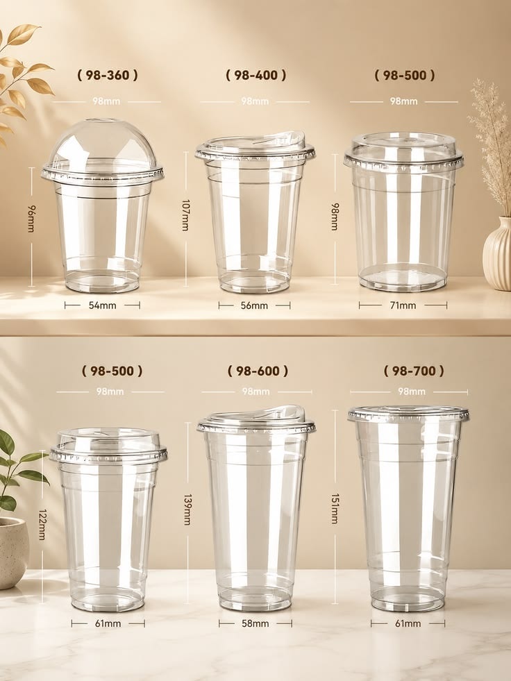 Chi Phí Bao Bì Chiếm Bao Nhiêu Trong Giá Vốn Một Ly Đồ Uống? 5 Bảng kích thước và dung tích các loại ly nhựa trong suốt miệng phi 98 từ 360ml đến 700ml cho quán đồ uống