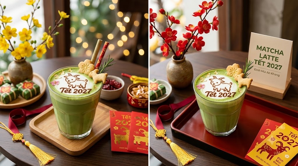 Menu Tết 2027: Những Ý Tưởng Đồ Uống Và Dessert Dễ Ứng Dụng 7 Ly matcha latte trang trí latte art hình chú dê Tết 2027 kèm bánh quy hoa mai bên hoa đào hoa mai và bao lì xì
