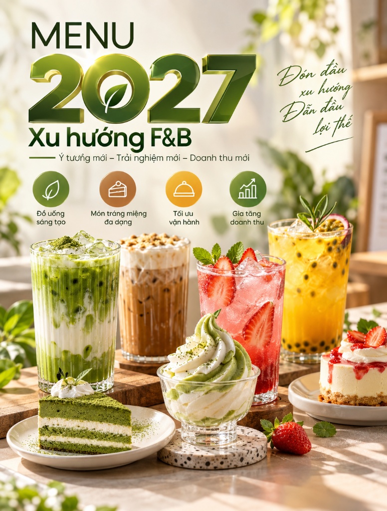 Menu Tết 2027: Những Ý Tưởng Đồ Uống Và Dessert Dễ Ứng Dụng 5 Poster Menu 2027 Xu hướng F&B trưng bày các ly trà matcha, cà phê, soda dâu tây, kem tươi và bánh ngọt