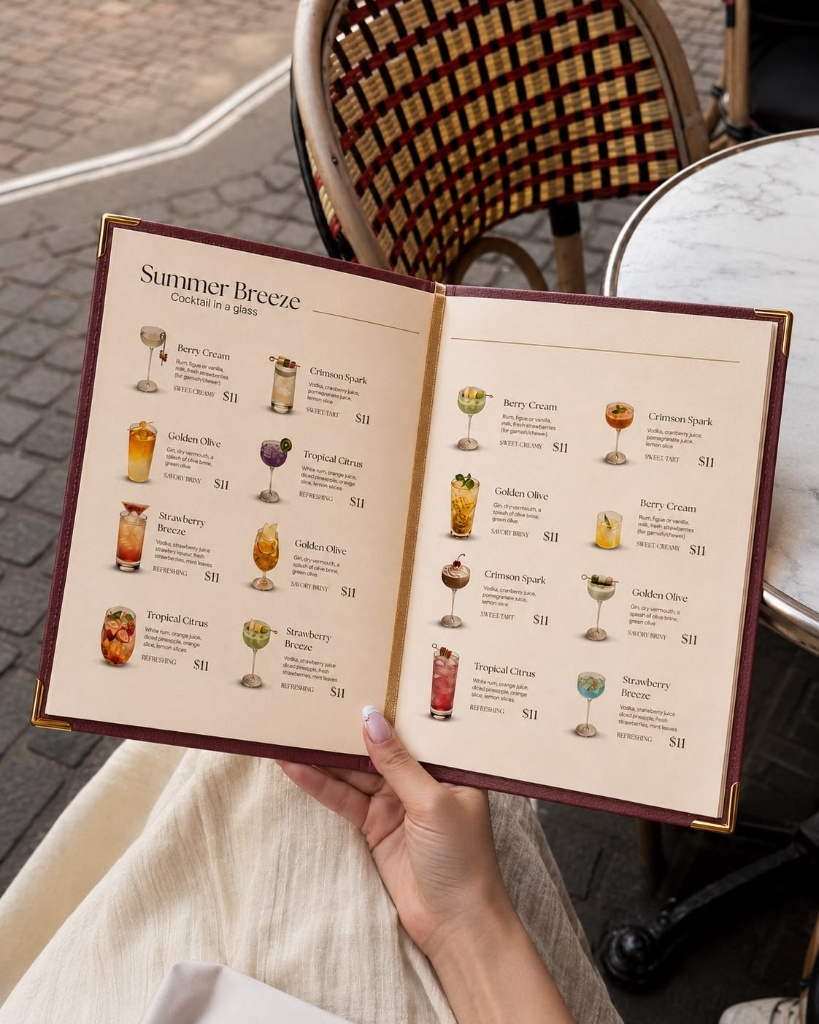 Trend Đồ Uống Cho Gen Z: Quán F&B Nên Theo Điều Gì, Bỏ Điều Gì? 7 Thực khách cầm quyển menu đồ uống bìa da màu đỏ đô Summer Breeze thiết kế hình vẽ minh họa các ly cocktail