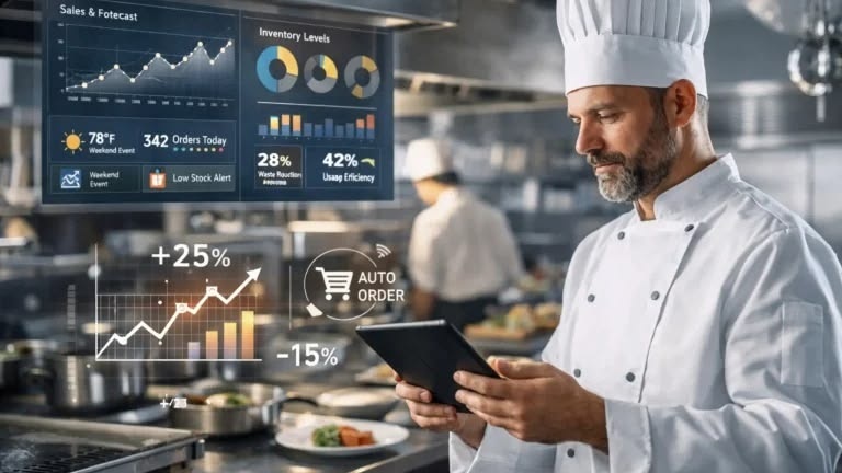 Cách Tính Food Cost Chính Xác Cho Từng Món Trong Quán 5 Bếp trưởng đội mũ trắng theo dõi biểu đồ Food Cost và tự động đặt hàng nguyên liệu trên máy tính bảng trong gian bếp thông minh