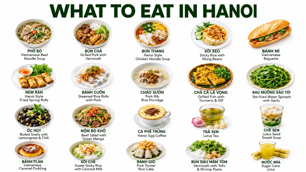 Ăn Sáng Hà Nội: Những Món Quen Thuộc Của Người Thủ Đô 9 Infographic What to Eat in Hanoi tổng hợp 20 món ăn đặc sản Hà Nội như phở bò, bún chả, xôi xéo, cà phê trứng